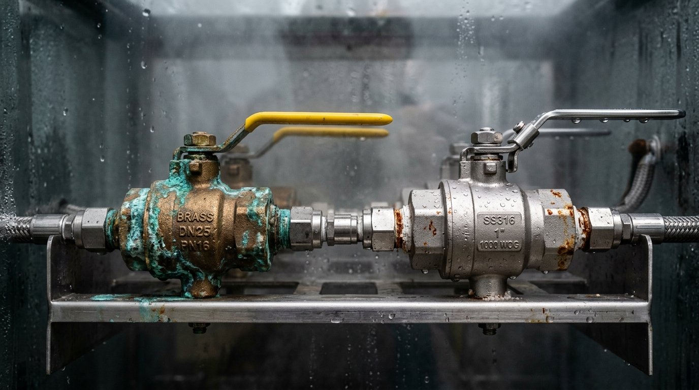Pristine DZR brass valve demonstrating zero corrosion performance under high-pressure water testing.
