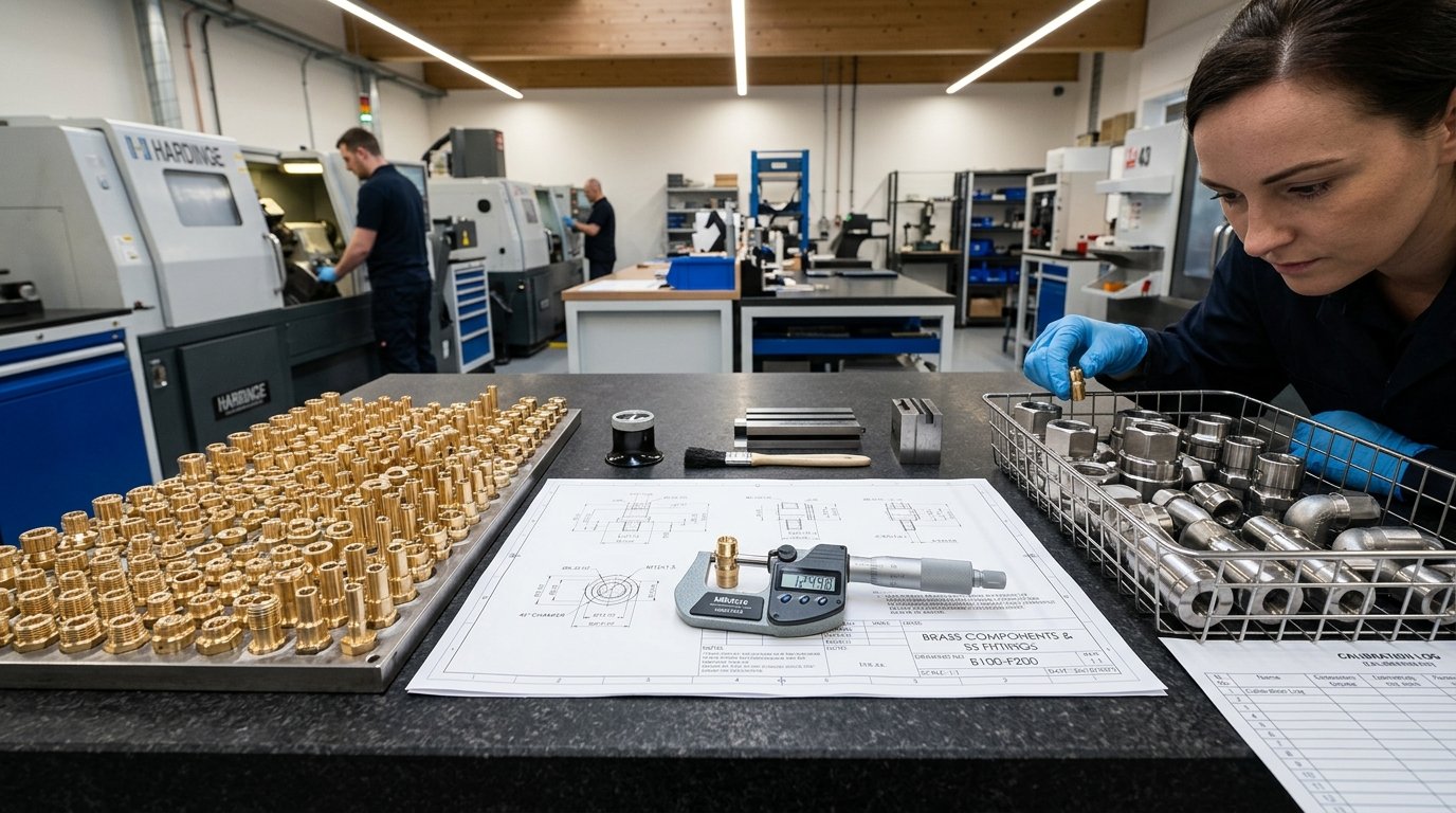 Precision CNC turned brass components batch next to stainless steel fittings undergoing dimensional inspection.
