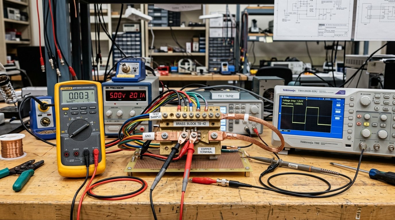 Electrical conductivity testing setup measuring electrical resistivity of brass terminal block and copper connectors.