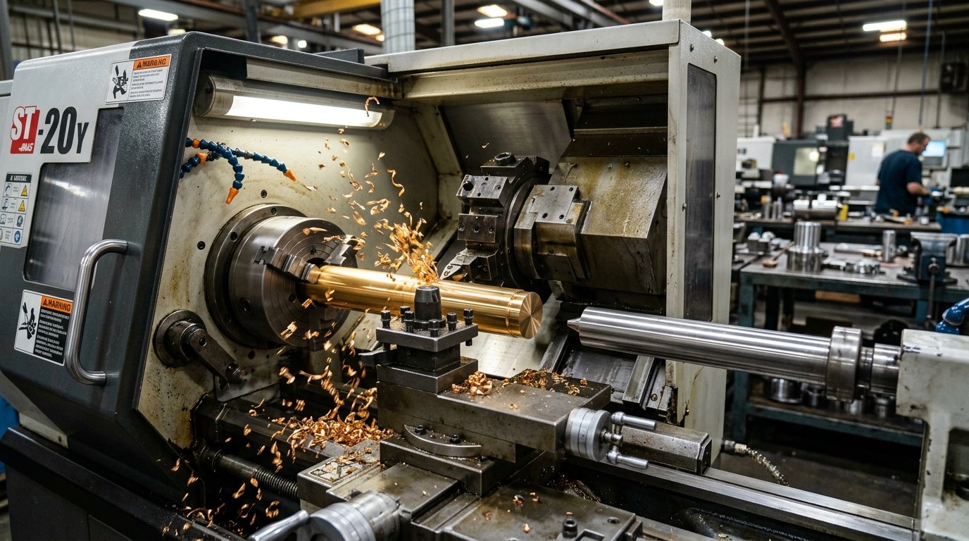 High-speed CNC lathe turning brass bar stock with rapid chip removal and high surface finish accuracy.