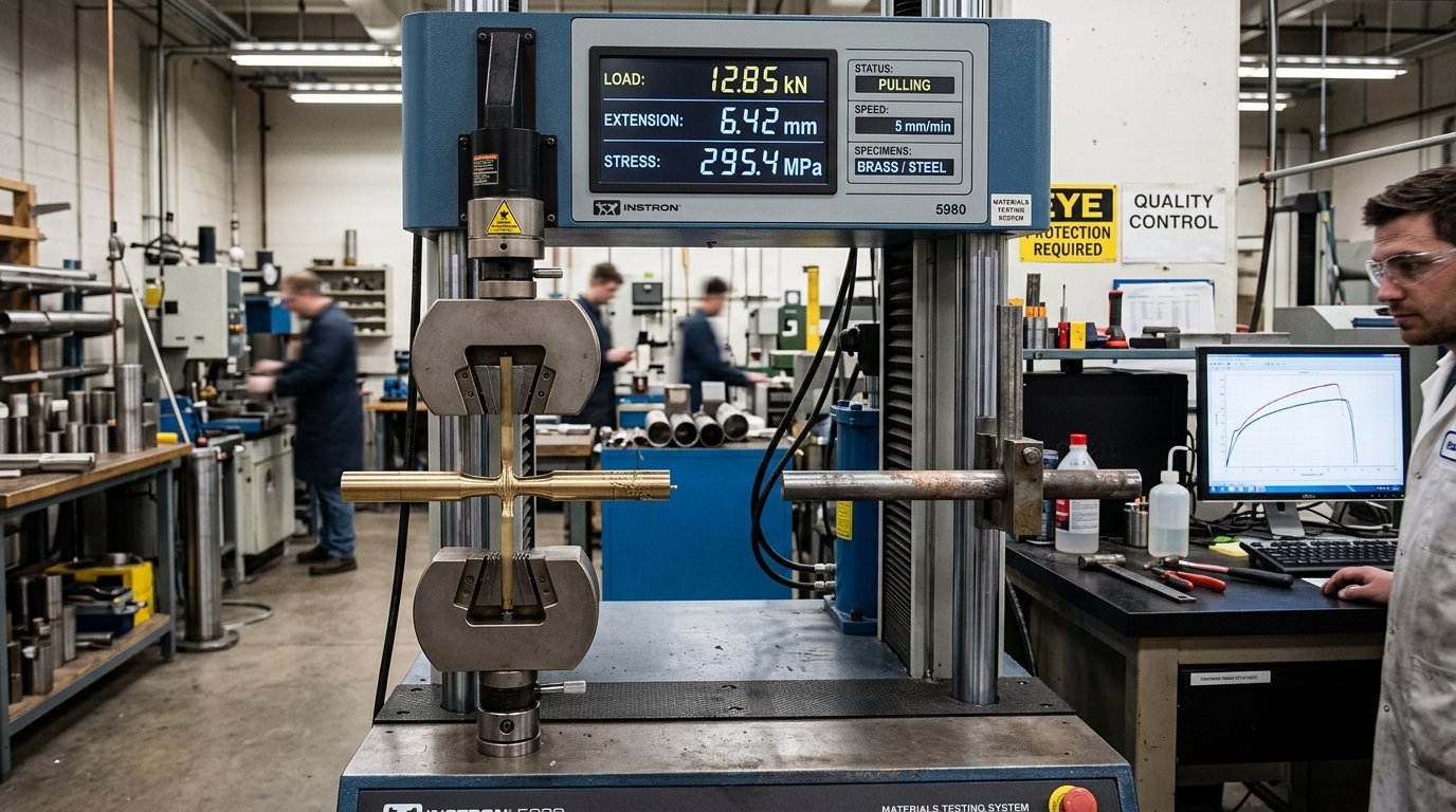 Universal tensile testing machine evaluating yield strength and deformation of brass specimens in metallurgy laboratory.