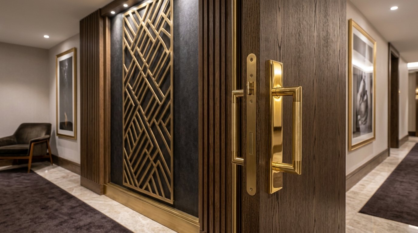 Brushed golden brass interior architectural hardware and decorative wall trim.