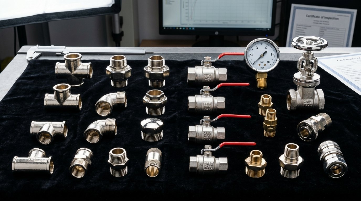Mirror-finish nickel plated brass pipe fittings and chrome valves inspected under studio lighting.