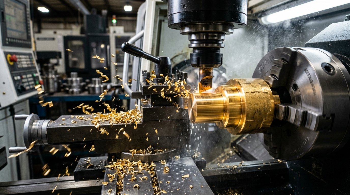 High-speed CNC lathe machining of solid golden brass component with rapid chip evacuation.